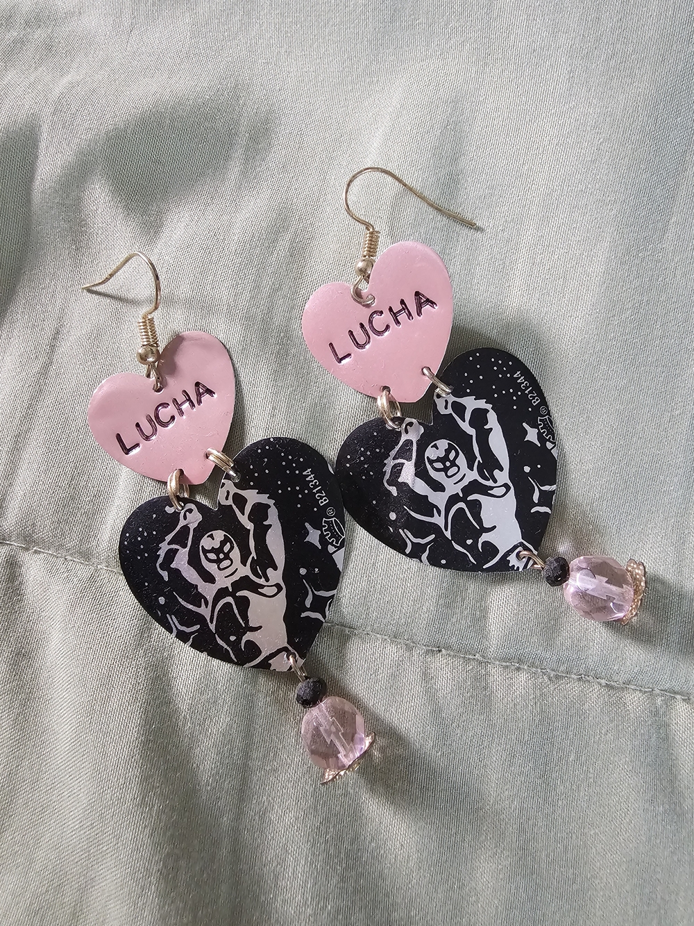 Lucha Libre Heart Dangle Earrings Pink Black Handmade Upcycled